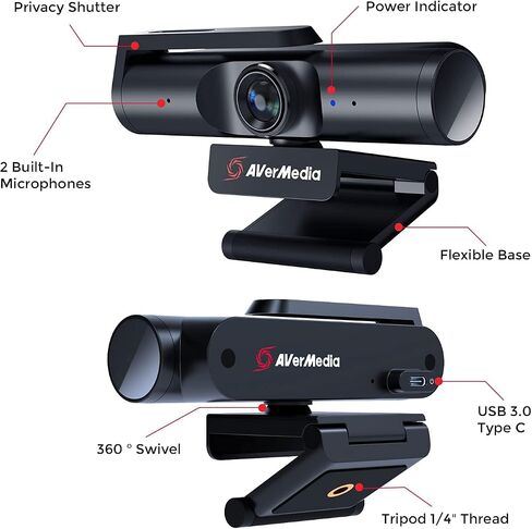 AVerMedia Live Streamer CAM 513-4K 30 إطارًا في الثانية UHD، كاميرا ويب بزاوية واسعة جدًا مع عدسة زجاجية ثابتة التركيز، للإضاءة الداخلية، تعمل مع OBS، تكبير، أسود in Kuwait