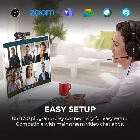 AVerMedia Live Streamer CAM 513-4K 30 إطارًا في الثانية UHD، كاميرا ويب بزاوية واسعة جدًا مع عدسة زجاجية ثابتة التركيز، للإضاءة الداخلية، تعمل مع OBS، تكبير، أسود in Kuwait