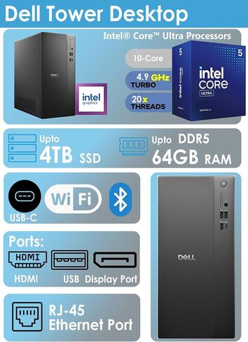 Customized Dell Desktop Tower, Intel Ultra 5 (10 Core) CPU, 8GB/ 16GB/ 32GB/ 64GB RAM, 512GB/ 1TB/ 2TB SSD, Ultra-Quiet Design, Dual 4K Monitor Support, Wi-Fi 6, Card Reader, KB & Mouse, Win 11 in Kuwait