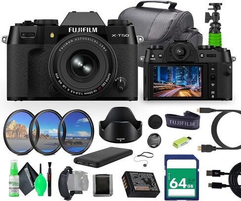 Fujifilm X-T50 Mirrorless Digital Camera XC15-45mmF3.5-5.6 OIS PZ Lens Bundle Kit + 64GB SF-M Tough UHS-II Memory Card + Filter Kit + Greens Lens Cleaning Kit + Camara Bag + More Accessories (Silver) in Saudi Arabia