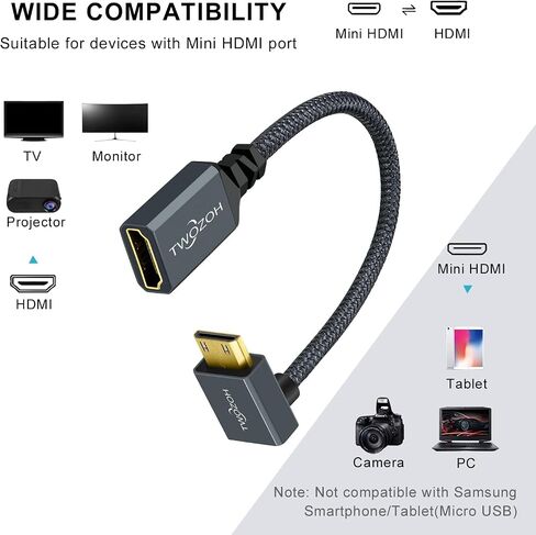 Twozoh Angled Mini HDMI to HDMI Adapter Cable 0.6FT，Nylon Braided Downward Angled 90° Degree Extension Cable Support 3D/4K 1080p in Saudi Arabia