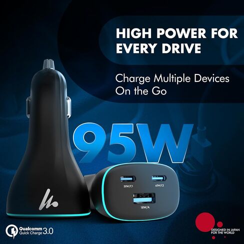 PD 95W Superfast Charging 2.0 Wozoyo Car Charger, with 2XType C & USB-A, PPS & QC 3.0, Triple Port (65W + 30W + 18W), 12V–24V Compatible, Multi-Layer Protection, 2-Years Manufacturer Warranty in Kuwait