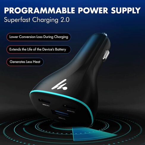 PD 95W Superfast Charging 2.0 Wozoyo Car Charger, with 2XType C & USB-A, PPS & QC 3.0, Triple Port (65W + 30W + 18W), 12V–24V Compatible, Multi-Layer Protection, 2-Years Manufacturer Warranty in Kuwait