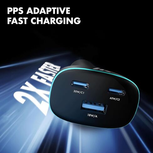 PD 95W Superfast Charging 2.0 Wozoyo Car Charger, with 2XType C & USB-A, PPS & QC 3.0, Triple Port (65W + 30W + 18W), 12V–24V Compatible, Multi-Layer Protection, 2-Years Manufacturer Warranty in Kuwait