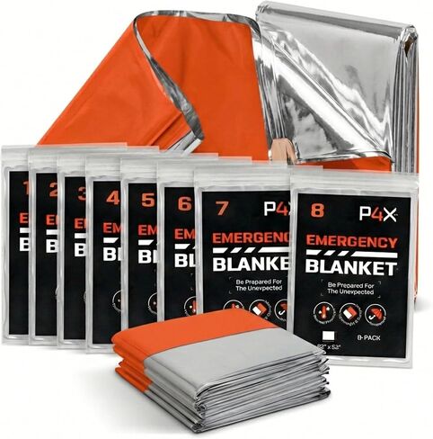 بطانيات PREPARED4X Mylar 8 عبوات - بطانية طوارئ مقاومة للماء - معدات النجاة المقاومة للتمزق والتمزق - بطانية حرارية للطوارئ للبقاء في الهواء الطلق 82 بوصة × 52 بوصة in Saudi Arabia
