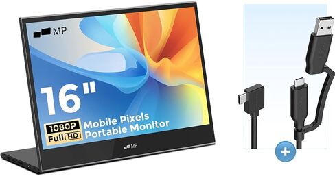 نظرة سريعة على كابل USB 2 في 1، شاشة Mobile Pixels 16 بوصة FHD 1080P، شاشة السفر مع مكبرات صوت مزدوجة، تعديل الإمالة وعدم الانزلاق، توصيل HDMI USB C وتشغيل شاشة إضافية in Kuwait