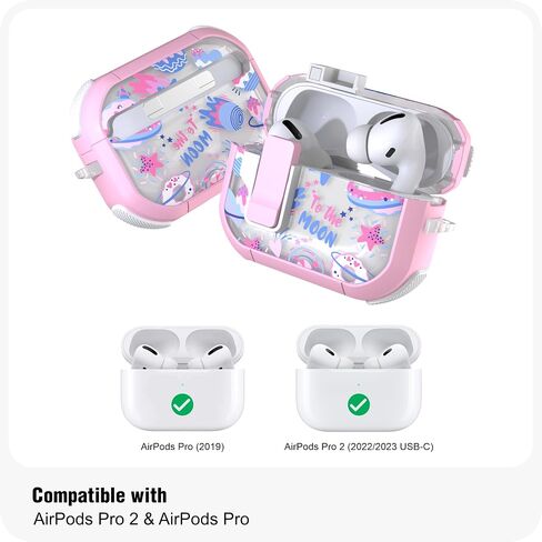 WENEW Case for AirPods Pro & Pro 2 Case Cover Secure Lock Snap Switch Clip Cleaner Kit Lanyard Women Stylish Universe Moon Full Body Hard Shell Front LED Visible (Pink Universe, AirPods Pro & Pro 2) in Kuwait