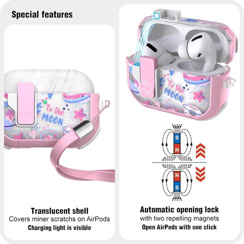 WENEW Case for AirPods Pro & Pro 2 Case Cover Secure Lock Snap Switch Clip Cleaner Kit Lanyard Women Stylish Universe Moon Full Body Hard Shell Front LED Visible (Pink Universe, AirPods Pro & Pro 2) in Kuwait