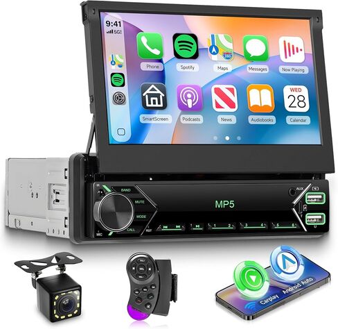 Single Din Car Stereo Touch Screen Flip Out Wireless Carplay Android Auto, 7 Inch Car Radio 1 Din with Bluetooth 5.1 FM Radio Mirror Link EQ/TF/USB/AUX Rear View Camera Steering Wheel Control in Saudi Arabia