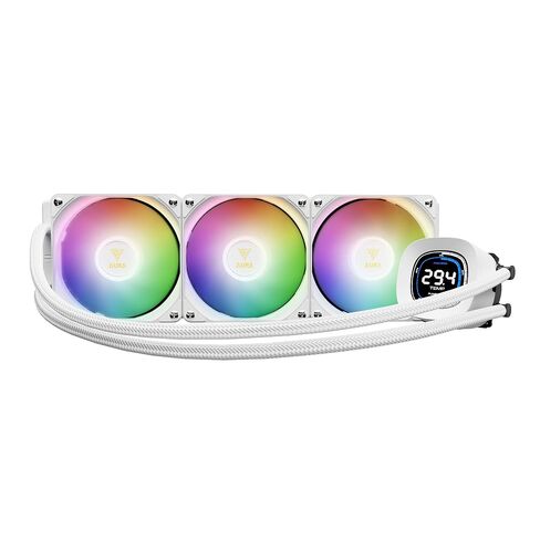 مبرد سائل GAMDIAS Aura GL360 Digital WH 360mm AIO CPU، شاشة رقمية 2.1 بوصة، 3X 120mm PWM ARGB Fans، 1800 دورة في الدقيقة، قاعدة نحاسية، Intel LGA 1851/1700 & AMD AM5/AM4، أبيض in Kuwait