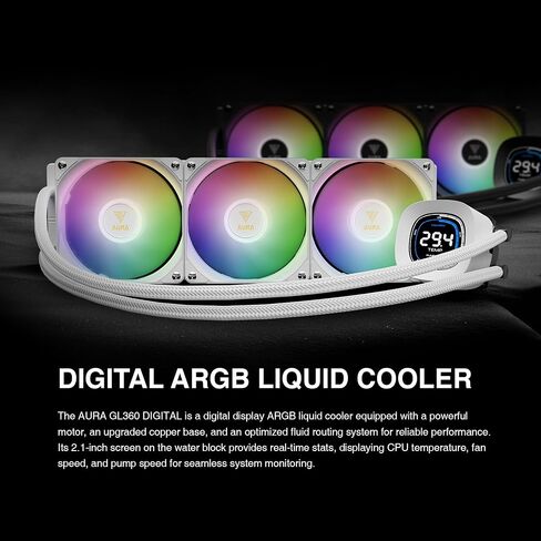 مبرد سائل GAMDIAS Aura GL360 Digital WH 360mm AIO CPU، شاشة رقمية 2.1 بوصة، 3X 120mm PWM ARGB Fans، 1800 دورة في الدقيقة، قاعدة نحاسية، Intel LGA 1851/1700 & AMD AM5/AM4، أبيض in Kuwait