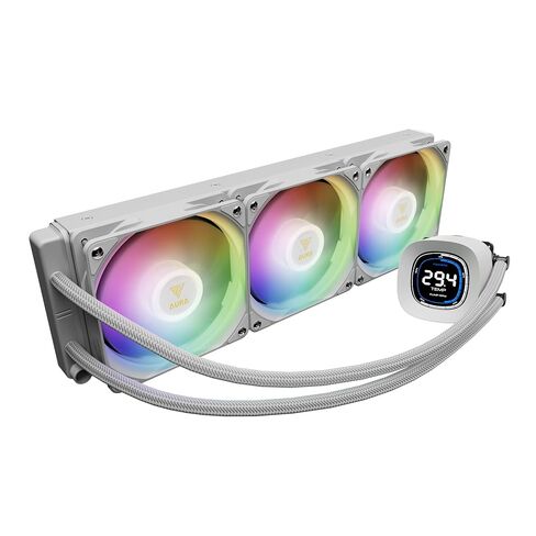 مبرد سائل GAMDIAS Aura GL360 Digital WH 360mm AIO CPU، شاشة رقمية 2.1 بوصة، 3X 120mm PWM ARGB Fans، 1800 دورة في الدقيقة، قاعدة نحاسية، Intel LGA 1851/1700 & AMD AM5/AM4، أبيض in Kuwait