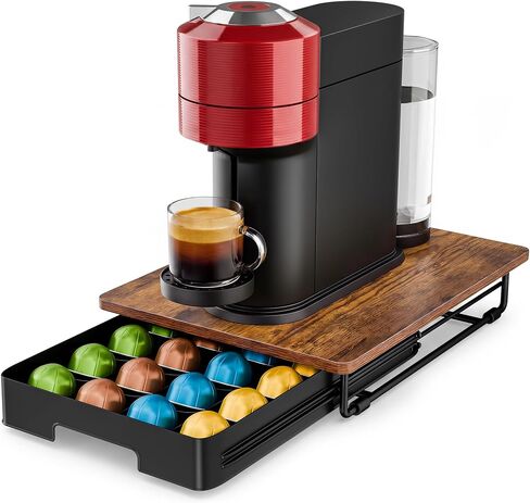EVERIE Coffee Pod Drawer Compatible with Nespresso Vertuo Capsules, Low Profile Wooden Pod Holder, 24-Slot Rustic Brown Organizer with Metal Frame, 15.9 x 12 x 3 In in Kuwait