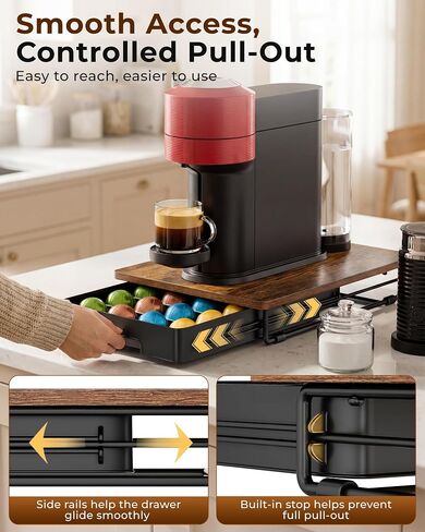 EVERIE Coffee Pod Drawer Compatible with Nespresso Vertuo Capsules, Low Profile Wooden Pod Holder, 24-Slot Rustic Brown Organizer with Metal Frame, 15.9 x 12 x 3 In in Kuwait