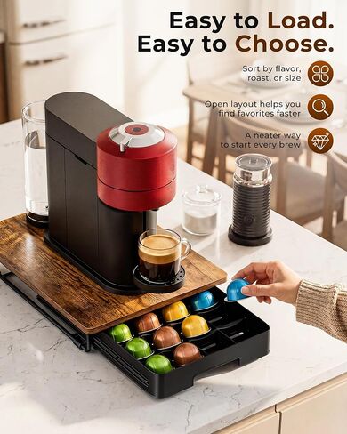 EVERIE Coffee Pod Drawer Compatible with Nespresso Vertuo Capsules, Low Profile Wooden Pod Holder, 24-Slot Rustic Brown Organizer with Metal Frame, 15.9 x 12 x 3 In in Kuwait