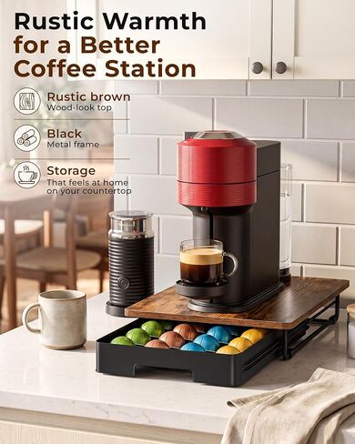 EVERIE Coffee Pod Drawer Compatible with Nespresso Vertuo Capsules, Low Profile Wooden Pod Holder, 24-Slot Rustic Brown Organizer with Metal Frame, 15.9 x 12 x 3 In in Kuwait