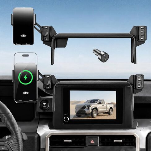 Car Phone Holder for 2024-2026 Toyota Tacoma 4th Gen Accessories, 8-Inch Screen Phone Mount with Up to 15W Fast Wireless Charger, Auto-Clamping Aluminum Holder, 360° Rotation, Keeps Air Vents Clear in Saudi Arabia