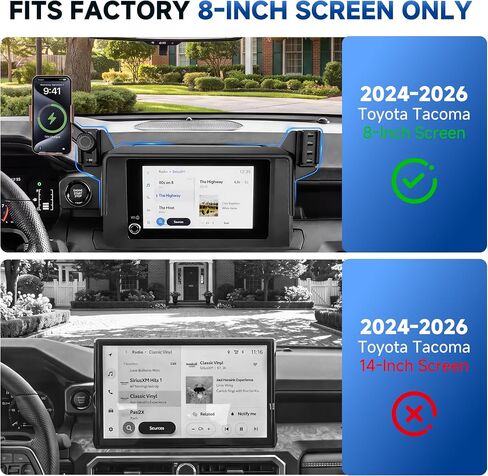 Car Phone Holder for 2024-2026 Toyota Tacoma 4th Gen Accessories, 8-Inch Screen Phone Mount with Up to 15W Fast Wireless Charger, Auto-Clamping Aluminum Holder, 360° Rotation, Keeps Air Vents Clear in Saudi Arabia