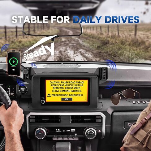 Car Phone Holder for 2024-2026 Toyota Tacoma 4th Gen Accessories, 8-Inch Screen Phone Mount with Up to 15W Fast Wireless Charger, Auto-Clamping Aluminum Holder, 360° Rotation, Keeps Air Vents Clear in Saudi Arabia