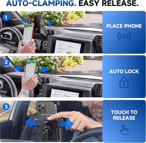 Car Phone Holder for 2024-2026 Toyota Tacoma 4th Gen Accessories, 8-Inch Screen Phone Mount with Up to 15W Fast Wireless Charger, Auto-Clamping Aluminum Holder, 360° Rotation, Keeps Air Vents Clear in Saudi Arabia