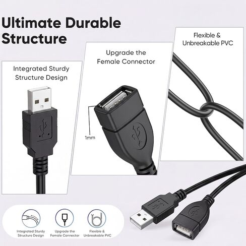 USB Extension Cable 6ft, 2-Pack USB 2.0 Type A Male to Female Extender Cord in Kuwait