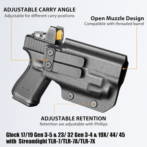 PROUS IWB Kydex Holster for Glock 19 with TLR7/TLR7A/TLR7X, Fit Glock 17/19 Gen 3-5, 23/32 Gen 3-4&19X/ 44/45, Inside Waistband Conceal Carry, Optic Cut, Adj. Cant & Retention, Right Hand in Kuwait
