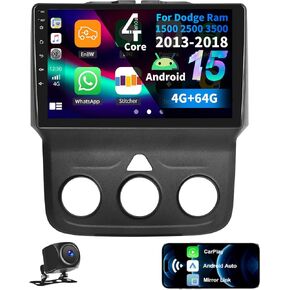 ستيريو سيارة 4G+64G لسيارة دودج رام 1500 2500 3500 2013-2019 مع CarPlay Android Auto، شاشة لمس 9 بوصات Android 15 مشغل راديو السيارة مع وصلة مرآة، كاميرا احتياطية WiFi/GPS، بلوتوث، FM/RDS، DSP، SWC in Kuwait