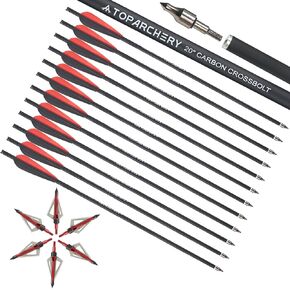 TOPARCHERY 20 Inch Carbon Crossbow Bolts 12 Pack and 6 Pack Crossbow Broadheads Set - Premium Crossbow Arrows with 4 Inch Vanes and Removable Field Tips for Hunting and Outdoor Practice in Saudi Arabia