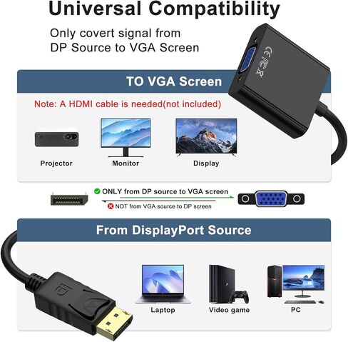 Wanme Displayport (DP) to VGA Adapter, Gold Plated DP Male to VGA Female Converter Compatible with Computer, Desktop, Laptop, PC, Monitor, Projector, HDTV (Black) in Kuwait