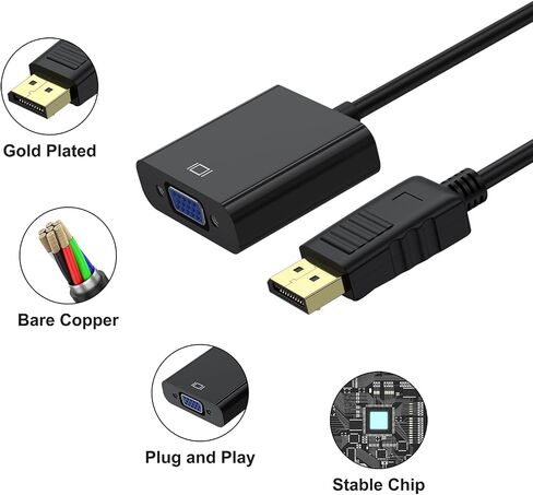 Wanme Displayport (DP) to VGA Adapter, Gold Plated DP Male to VGA Female Converter Compatible with Computer, Desktop, Laptop, PC, Monitor, Projector, HDTV (Black) in Kuwait