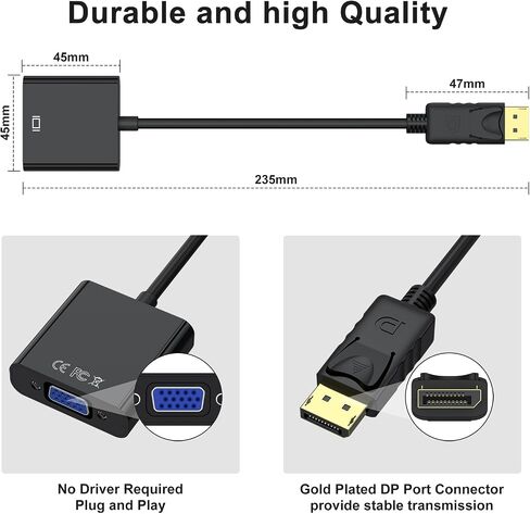 Wanme Displayport (DP) to VGA Adapter, Gold Plated DP Male to VGA Female Converter Compatible with Computer, Desktop, Laptop, PC, Monitor, Projector, HDTV (Black) in Kuwait