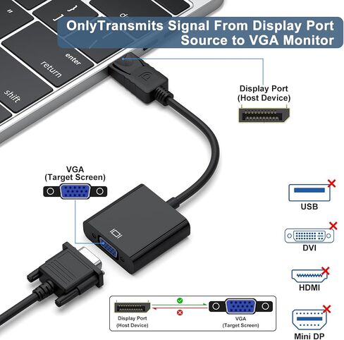 Wanme Displayport (DP) to VGA Adapter, Gold Plated DP Male to VGA Female Converter Compatible with Computer, Desktop, Laptop, PC, Monitor, Projector, HDTV (Black) in Kuwait