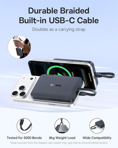 بنك الطاقة Baseus Magsafe، شاحن محمول مغناطيسي بقدرة 10,000 مللي أمبير في الساعة بقدرة 30 وات، حزمة بطارية لاسلكية للشحن السريع مع كابل USB-C مجدول مدمج لهاتف iPhone 17 Pro Max/Air/16/15/14/13، AirPods، iPad والمزيد in Kuwait