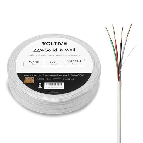 Voltive 22/4 Solid Alarm Wire, in-Wall CL3, White, 500ft - 22AWG, 4 Conductors, Solid Bare Copper, UL Listed - V-1222-1 in Kuwait
