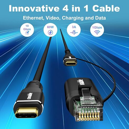USB C to Ethernet Cable 4FT, 2-in-1 USB C to RJ45 Adapter (1Gbsp Ethernet) & USB C Cable (10G/4K/100W), Thunderbolt 4/5 Compatible, Ideal for MacBook, iPad Pro, XPS, Surface Pro, Essential for Travel in Kuwait