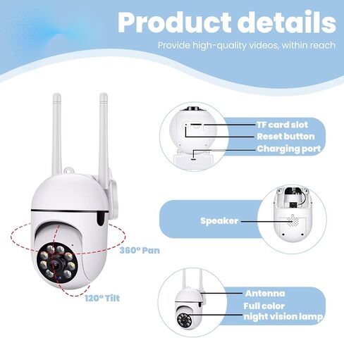 Wireless Waterproof Outdoor Security Camera, 1080P WiFi Camera with Color Night Vision, 2-Way Audio, Motion Detection, SD/Cloud Storage, App Control, EU Plug, White in Saudi Arabia