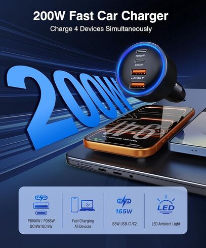 USB C Car Charger Fast Charge,200W Dual PD 4-Port Cigarette Lighter Adapter in Saudi Arabia