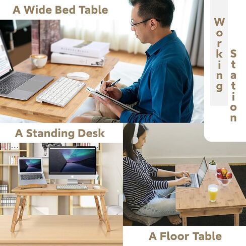 33.5 x 17.7 Inch Bamboo Foldable Floor Desk Adjustable Height Laptop Tray with Secure Metal Leg Locks No Assembly Multipurpose Portable Study Dinner TV Tray for Adults in Saudi Arabia