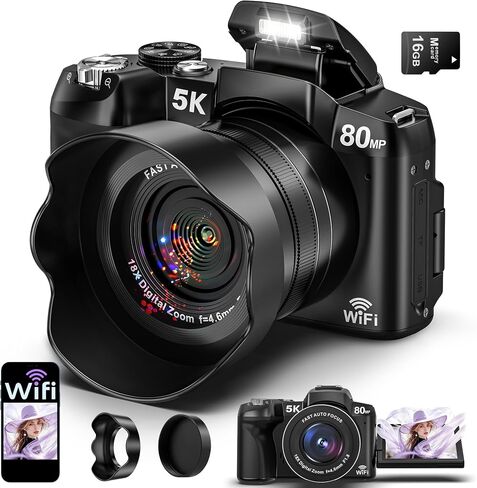 كاميرات للتصوير الفوتوغرافي كاميرا رقمية 5K WiFi 80MP UHD ضبط تلقائي للصورة تسجيل الدخول in Kuwait