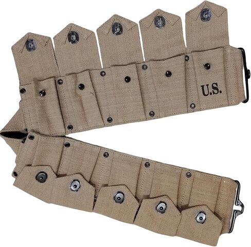 WWII U.S. Army M1923 M1 Garand Rifle Cartridge Springfield Adjustable Canvas Ammo Bandolie Belt with 10 Pocket - Khaki in Saudi Arabia