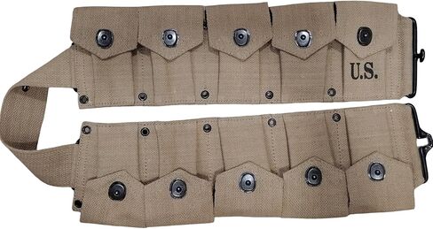 WWII U.S. Army M1923 M1 Garand Rifle Cartridge Springfield Adjustable Canvas Ammo Bandolie Belt with 10 Pocket - Khaki in Saudi Arabia