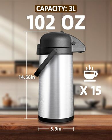 Esemoil Coffee Carafe for Keeping Hot, 102oz/3L Large Capacity Airpot Coffee Dispenser with Pump, Insulated Stainless Steel Thermal for Hot/Cold Water Liquid Tea Chocolate for Hot Cocoa for Parties in Kuwait