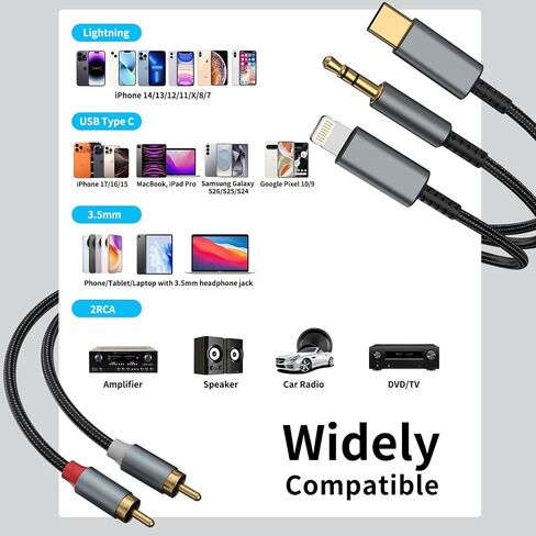 Lightning to RCA Cable, 3 in 1 USB C/Lighting/3.5m to 2 RCA Audio Cable in Saudi Arabia