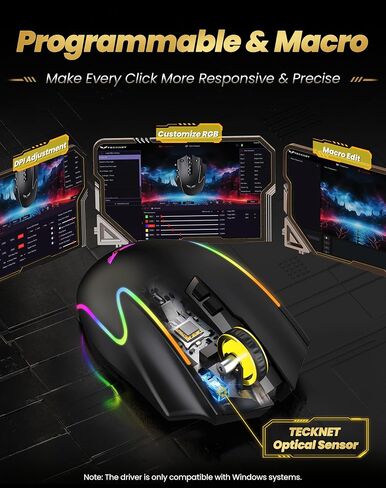 TECKNET Wireless Gaming Mouse,2.4GHz/USB-C, 1000Hz,7 Custom Buttons 13 RGB in Kuwait