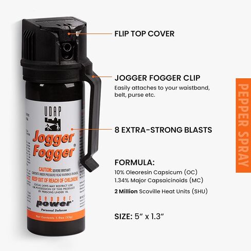 UDAP 3C Pepper Power Jogger Fogger Pepper Spray مع مشبك للنساء والرجال والعدائين وراكبي الدراجات، دفاع ذاتي مضغوط ساخن OC، نمط انفجار قوي، حاجز ضباب 10 أقدام، 1.9 أونصة in Kuwait