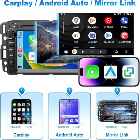 ستيريو راديو السيارة Android 14 لسيارة Chevy Silverado/GMC Sierra/Buick/Chevrolet، تطبيق Carplay Andriod Auto 7 بوصة 1280*720 QLED IPS وحدة رأس تعمل باللمس مع GPS Navi BT WiFi/4G LTE SWC 6GB RAM 128GB ROM in Kuwait