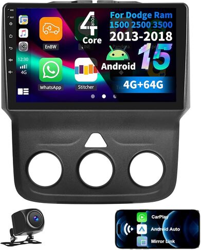 ستيريو سيارة 4G+64G لسيارة دودج رام 1500 2500 3500 2013-2019 مع CarPlay Android Auto، شاشة لمس 9 بوصات Android 15 مشغل راديو السيارة مع وصلة مرآة، كاميرا احتياطية WiFi/GPS، بلوتوث، FM/RDS، DSP، SWC in Kuwait