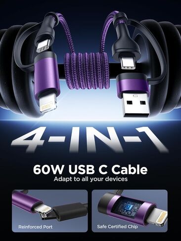 USB C to Lightning Cable, 60W 4 in 1 Fast Charging Cable Apple MFi Certified USB A to Lightning Cord Nylon 6ft USB C to USB C Charger Cord for iPhone 17 16 15 14 Pro/iPad/Samsung S25/MacBook/Switch 2 in Saudi Arabia