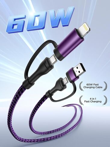 USB C to Lightning Cable, 60W 4 in 1 Fast Charging Cable Apple MFi Certified USB A to Lightning Cord Nylon 6ft USB C to USB C Charger Cord for iPhone 17 16 15 14 Pro/iPad/Samsung S25/MacBook/Switch 2 in Saudi Arabia