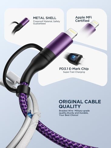 USB C to Lightning Cable, 60W 4 in 1 Fast Charging Cable Apple MFi Certified USB A to Lightning Cord Nylon 6ft USB C to USB C Charger Cord for iPhone 17 16 15 14 Pro/iPad/Samsung S25/MacBook/Switch 2 in Saudi Arabia